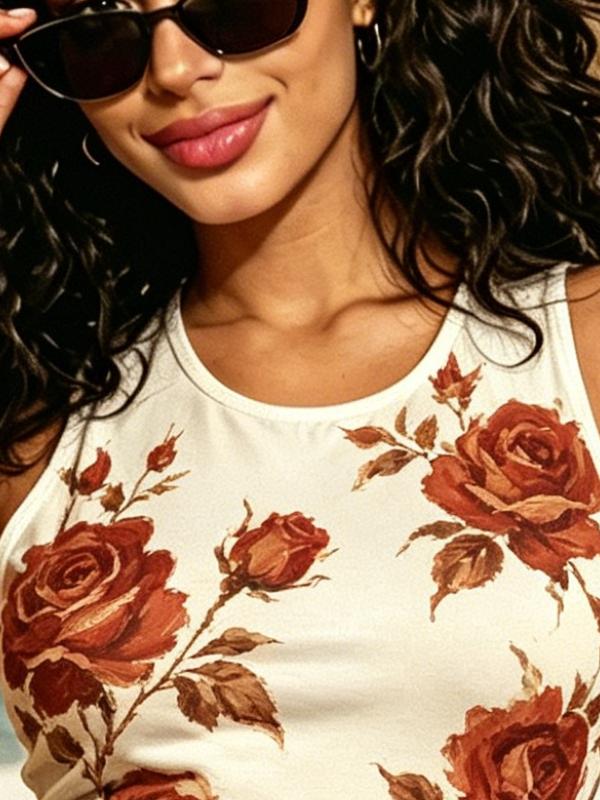 Women's Cream Base Vintage Red Rose Floral Print Sleeveless Bodycon Mini Dress, High Waist Form-Fitting Summer Beach Dress