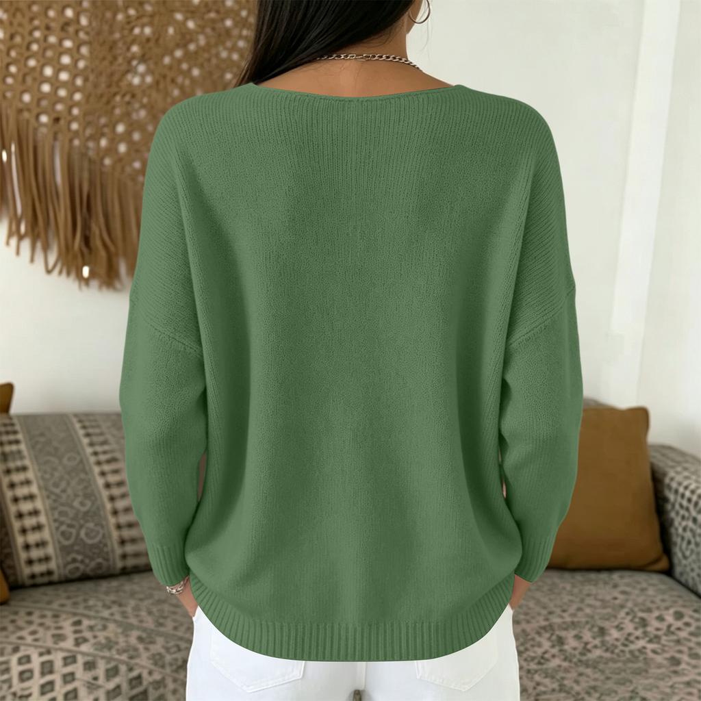 Women's V-Neck Long Sleeve Knit Top Color Casual Sweater for Everyday Wear