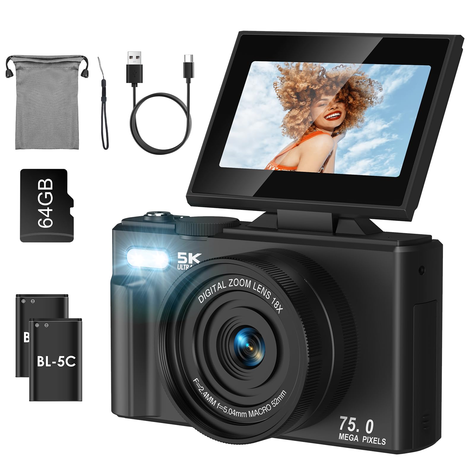 

LAMA Digital Camera, 5K Recording, 75MP, 64GB SD Card, Wi-Fi, Compact, 18x Digital Zoom, AF Autofocus, 3.0 IPS Screen, 180° Rotation, Selfie, Two