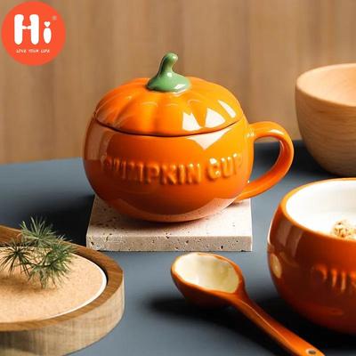 Hi Cartoon Cute Ceramic Pumpkin Cup with Lid Breakfast Cup Dessert Soup Cup Oatmeal Cup Student Water Cup Mug