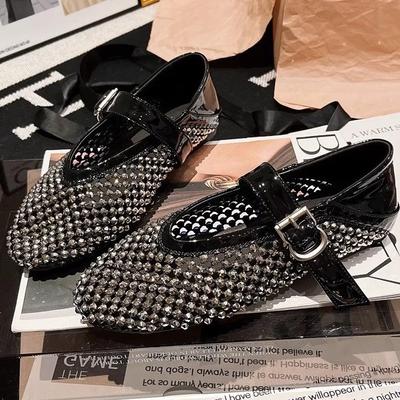 Zachte leren versie~ Europese strasssteentjes vol diamanten visnetten uitgehold één woord Mary Jane tas hoofd platte zool enkele schoenen tas hoofd san