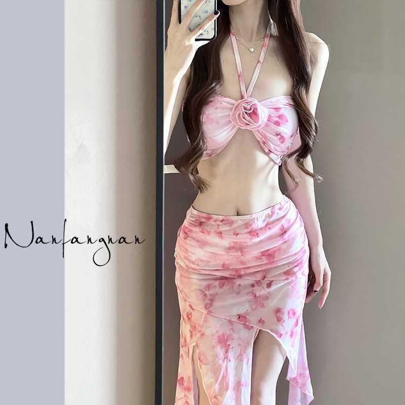 

Neck Long Skirt Swimsuit Women Beach Bikini Print Three-piece Suit Niche High-quality Hot S розовый