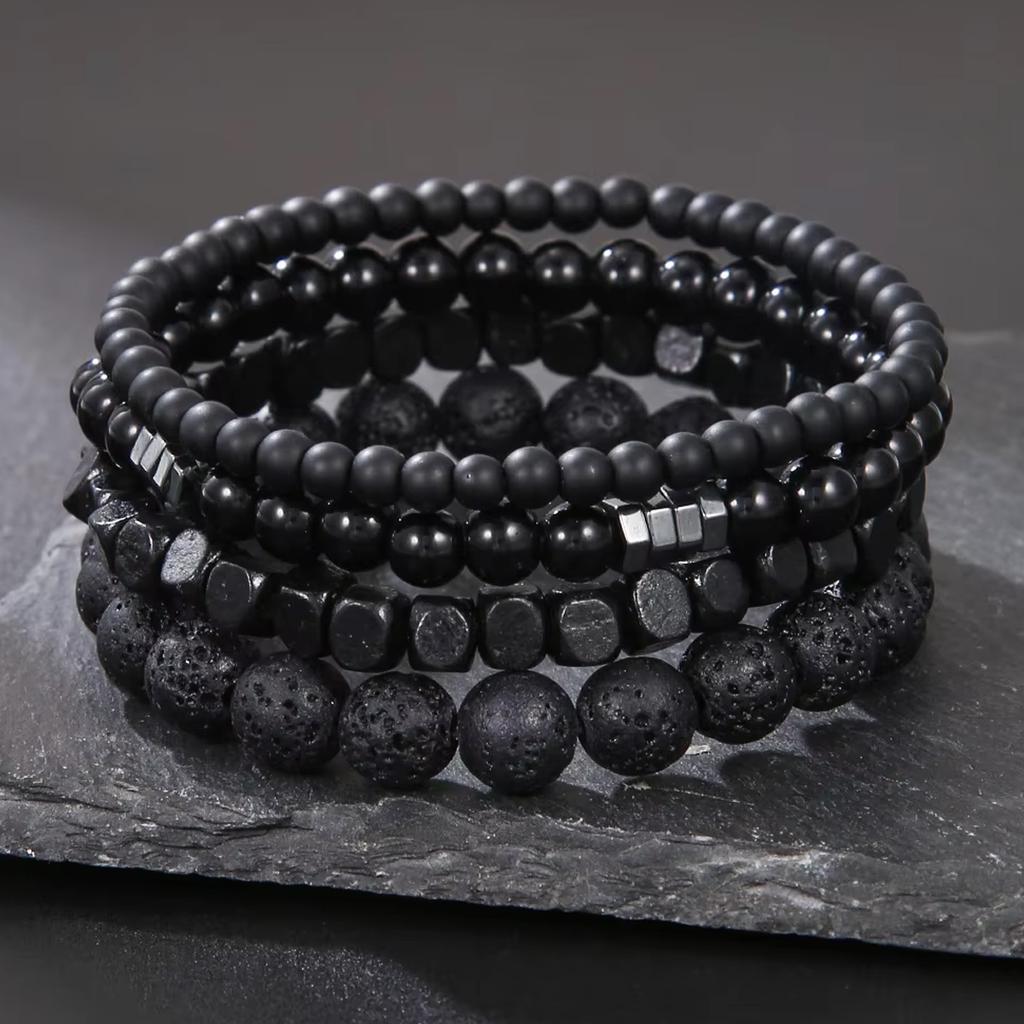 4Pcs Set Black Gall Stone Volcanic Stone Wood Beads Bracelets Men's Combination Elastic Bracelet For Couple Friends Jewelry