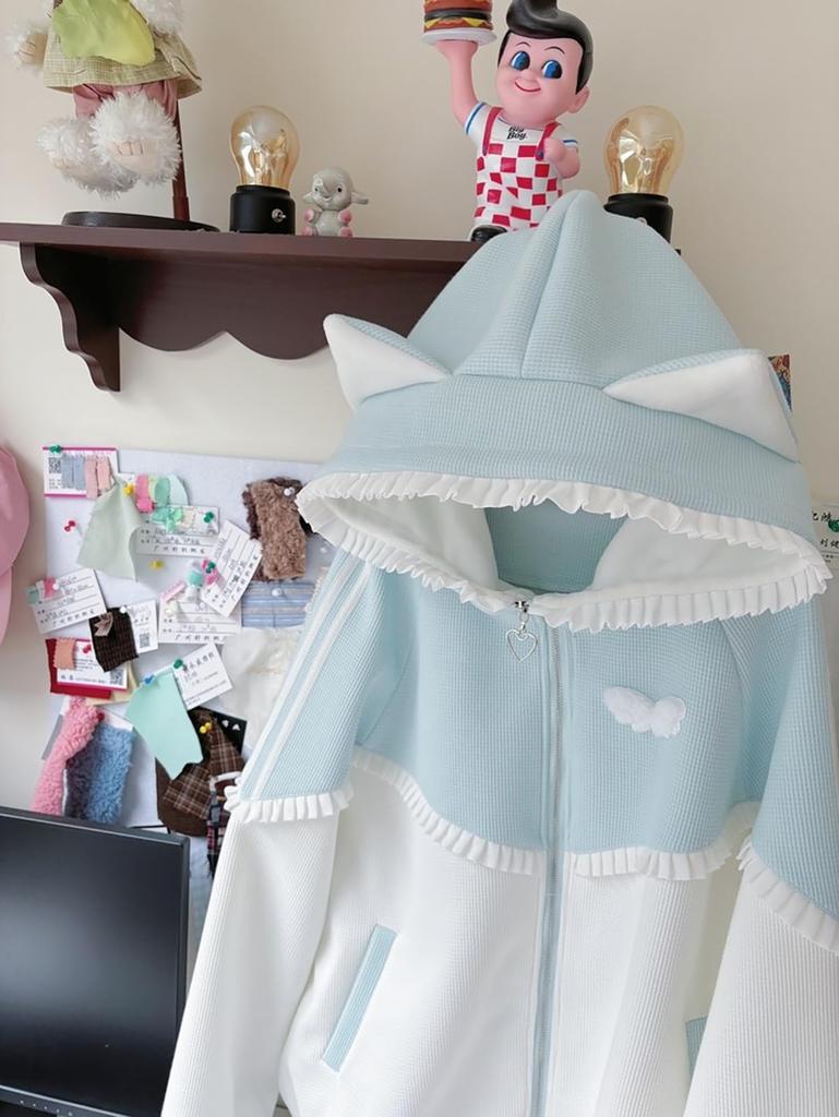 Lilikakoi Cat Ear Hoodie with Ears and Angel and Feather Cute Cat Ear Loose Light Blue Color Y2K Angel Harajuku Women's Frills, Wings, Pattern,
