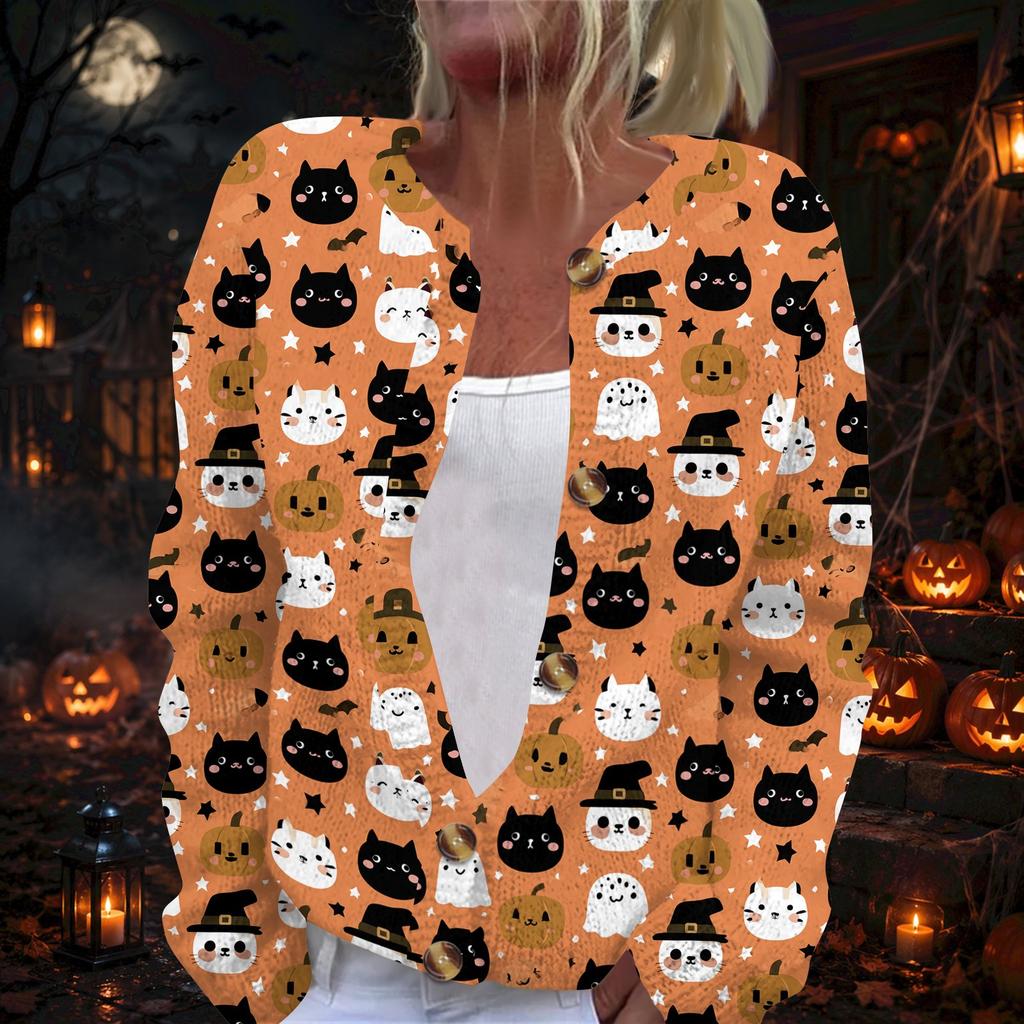Damen Strickjacke mit langen Ärmeln und Halloween-Print, Knopfleiste vorne