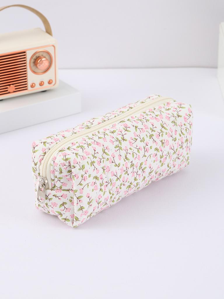 Exquisite flowers and bow pattern creative pencil case, rectangular stationery storage bag, stylish portable school supplies