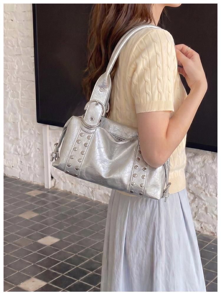 Korean Style Rivet Handbag: Large Capacity, Versatile Shoulder & Underarm Bag for Women - High-Quality, Trendy Motorcycle Design