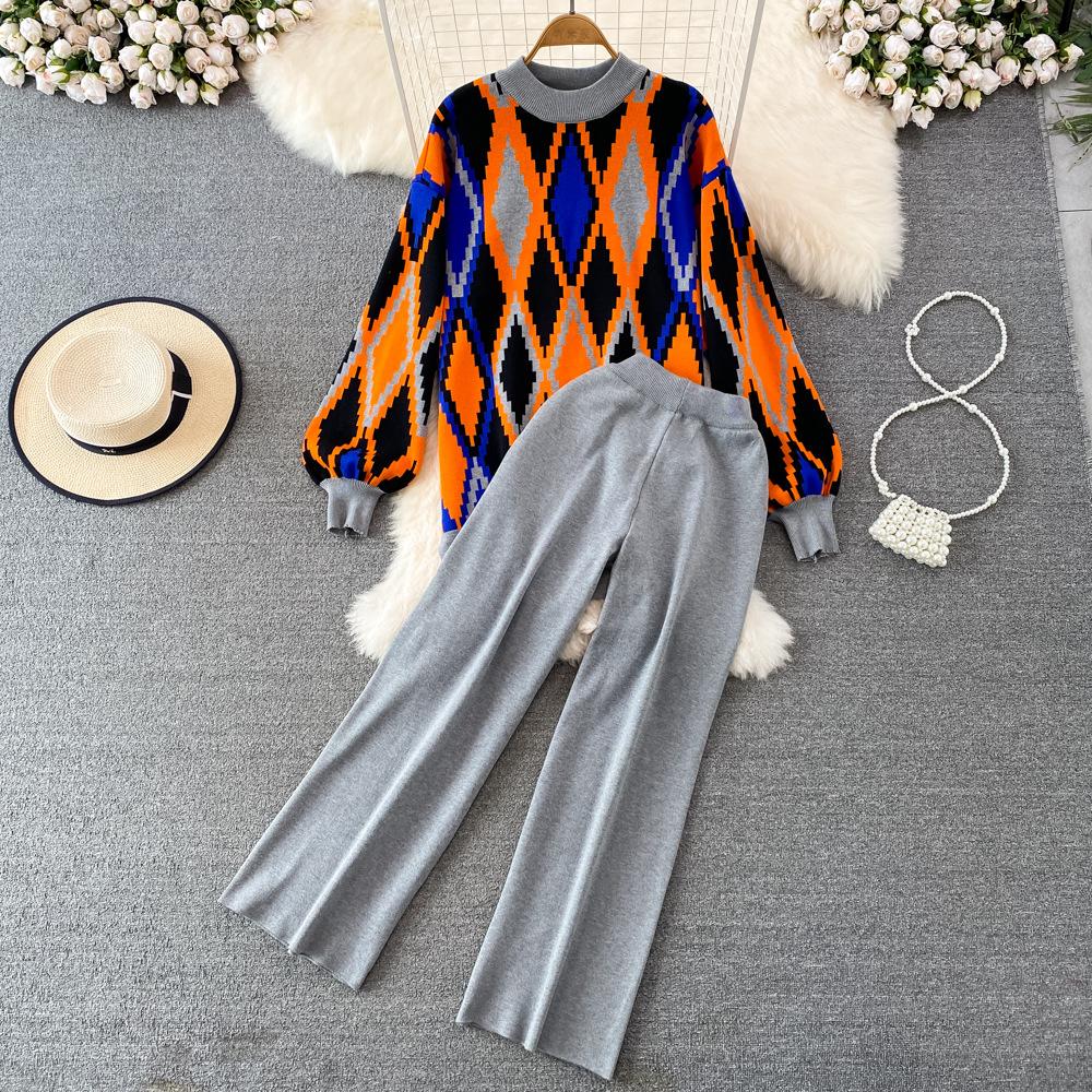 Conjunto de Moda para Mujer Otoño Invierno Suéter Holgado de Manga Larga a Cuadros Conjunto de Dos Piezas Pantalones de Punto Rectos de Pierna Ancha Adelgazantes de Cintura Alta