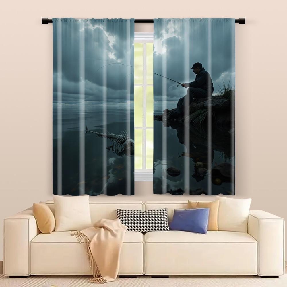 2 Pcs, Filtering Curtains (excluding Rods, Non-movable, Without Batteries) Fishing Enthusiast Skeleton Fish for Use In Bedrooms