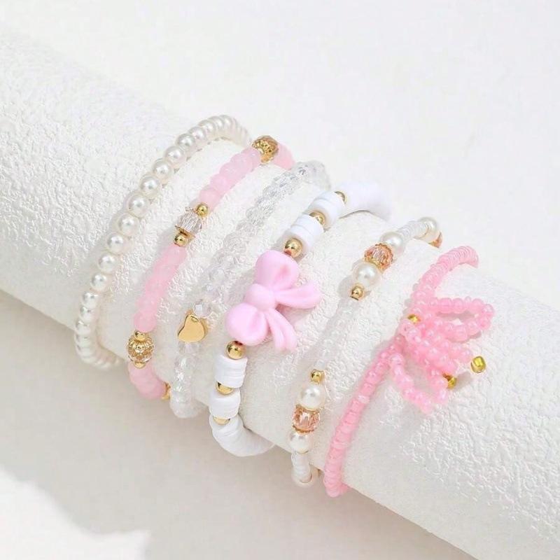 6Pcs Cute Bowknot Heart Bracelet Set For Women Pink Acrylic Beads Imitation Pearl Elastic Bangles Girl Party Daily Sweet Jewelry