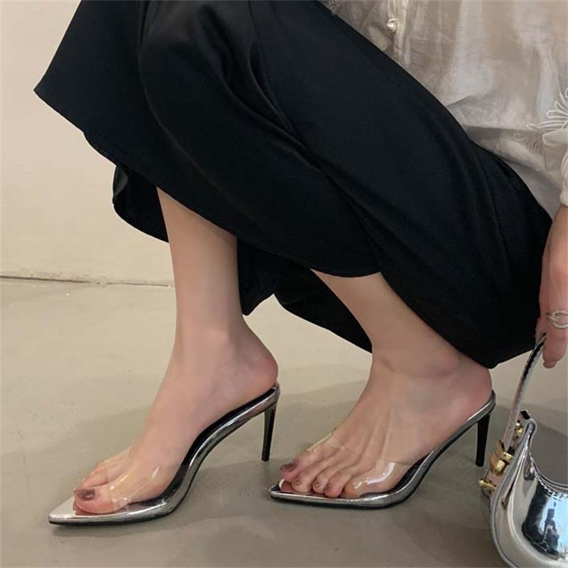 Fashion Eilyken Summer Sexy PVC Transparent Pointed Toe Slippers Women Pointed Toe Stripper Sandals Thin High Heels Slides Shoes