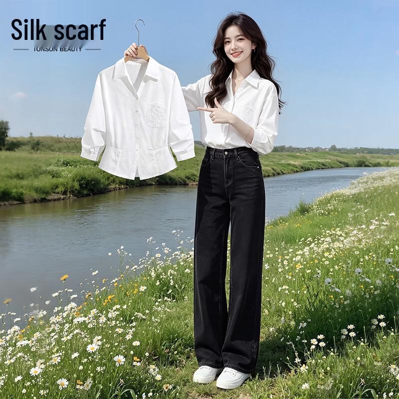SIBASHE Women s Lapel Collar Loose-Fit Embroidered Shirt L