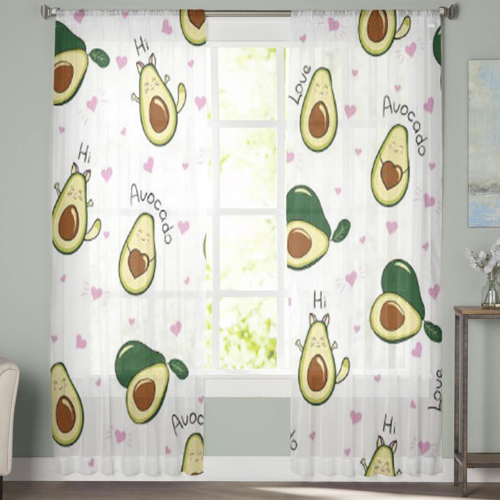 Niedliche Avocado- und herzförmige Tüllgardinen zur Wohnzimmerdekoration Moderne Schleier-Chiffongardinen Schlafzimmer Transparenter Voile