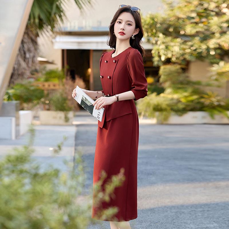 2025 Spring/Summer Women's Elegant Double-Breasted Two-Piece Mid-Length Dress JX2512