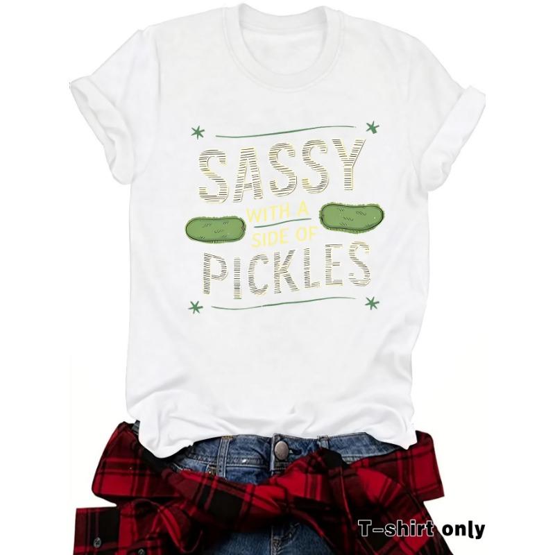 Women's Summer Round Neck Short Sleeve T-shirt Playful Cucumber Pattern Print Comfort T-shirt
