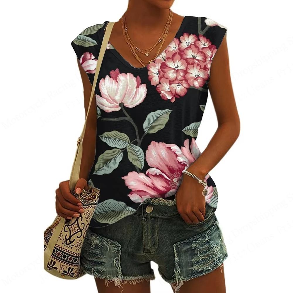 New Fashion Women's Tanks Top Floral Pattern 3d Print Tank Tops Flower Camisole Women Fashion V-Neck Short Sleeve Tops Tees Lady