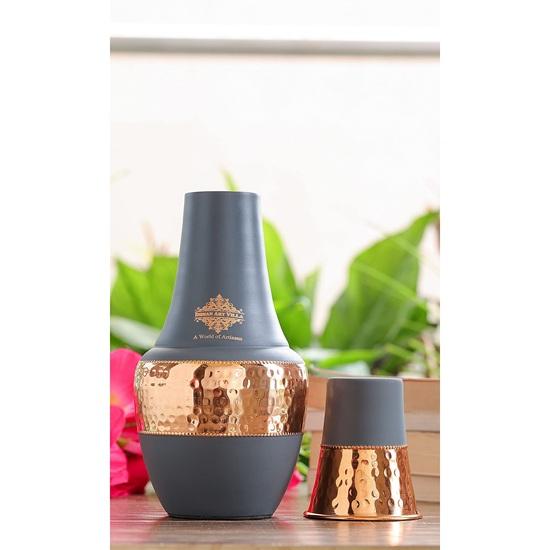 Pure Copper Bedroom Water Bottle with Inbuilt Glass, Surahi Design Grey Half Silk Half Hammered Finish Storage Drinkware, Volume 1250 Ml