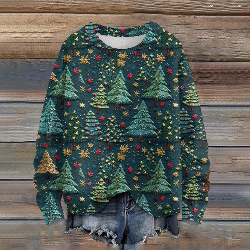 Ladies' Fashionable Casual Long Sleeved Christmas Printed Round Neck Knitted Yarn