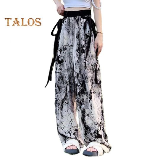 

Женские повседневные брюки, шифоновые брюки в китайском стиле с чернильным бамбуковым принтом и широкими летними брюками, украшенными лентами L B