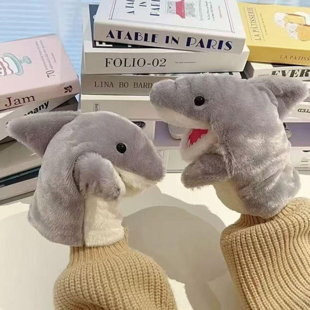 Pink Grey Plush Shark Hand Puppet Storytelling Cartoon Shark Hand Finger Story Puppet Imaginative Play Early Education