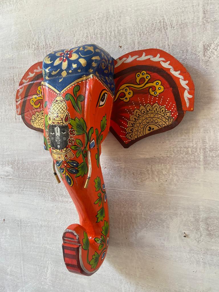 Hand Painted Wooden Elephant Mask: Shrinathji Pichwai Art Wall Hanging