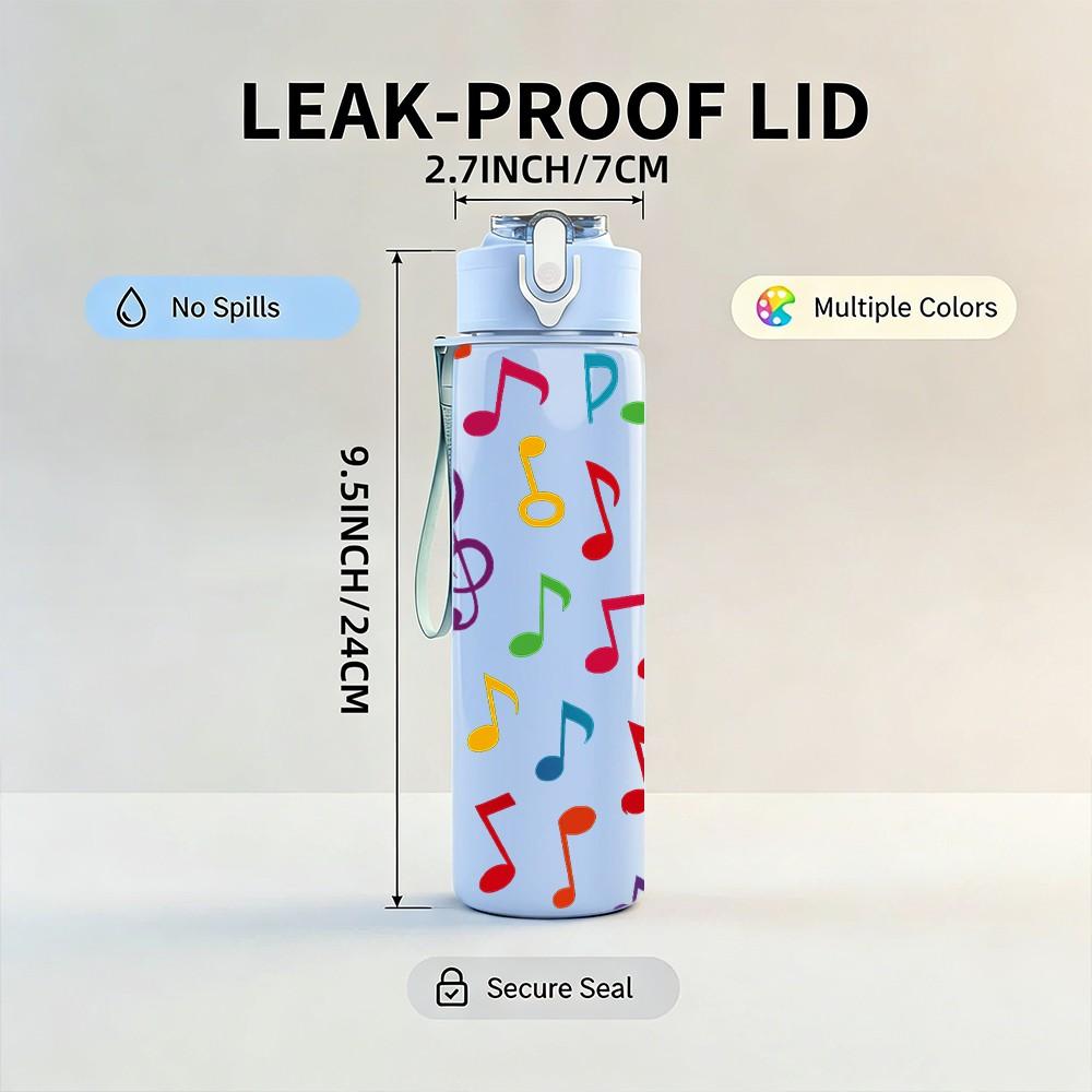 1PC Color Music Note Art Pattern Print 750ml Color Plastic Sports Water Bottle Leakproof Flip Straw Lid Suitable for Sports Office Home Use
