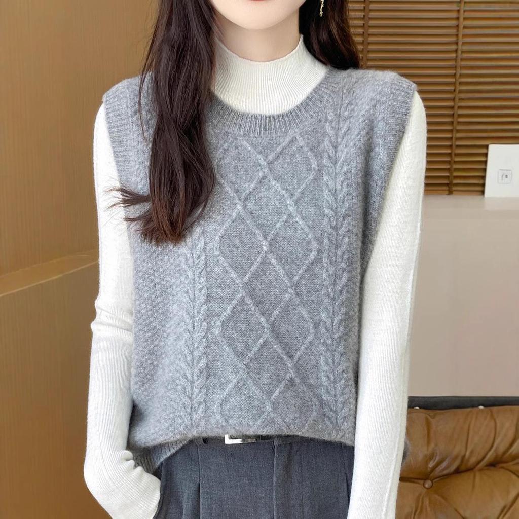 Women's Autumn Winter 100% Wool Knit Vest Sweater - Chic Sleeveless Layering Gilet