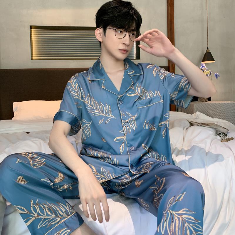 Costum de pijama bărbați de vară, mătase de gheață, pantaloni lungi cu mâneci scurte, satin, pentru bărbați, haine de noapte, set de îmbrăcăminte pentru tineret, domnișoare