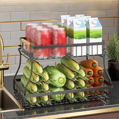 2 Layer Fruit Basket Vegetable Rack for Bread Snack Kitchen Countertop Organization Portable Space
