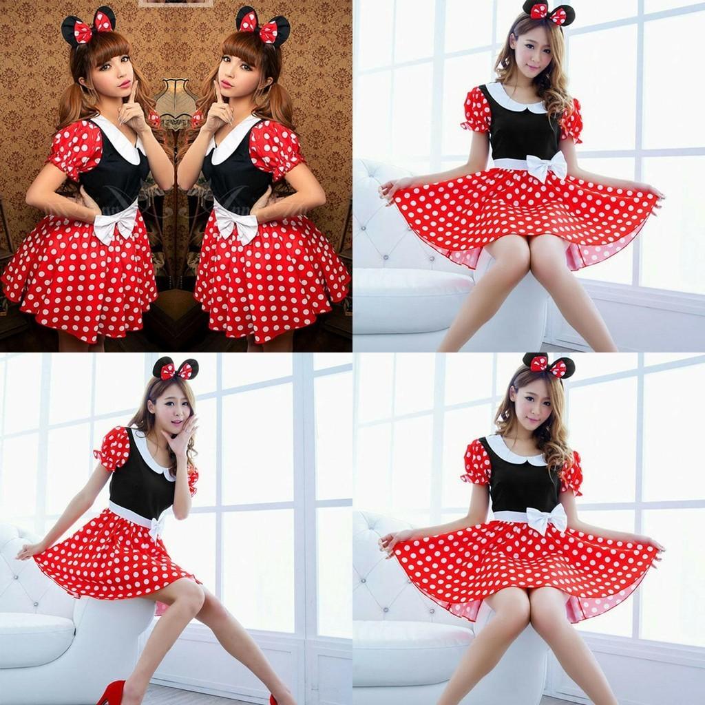 Elegant Adult Sexy Women's Cartoon Minnie Mouse Costume With Polka Dots For Halloween