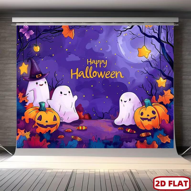 2D Purple Halloween Ghost & Pumpkin Photography Background