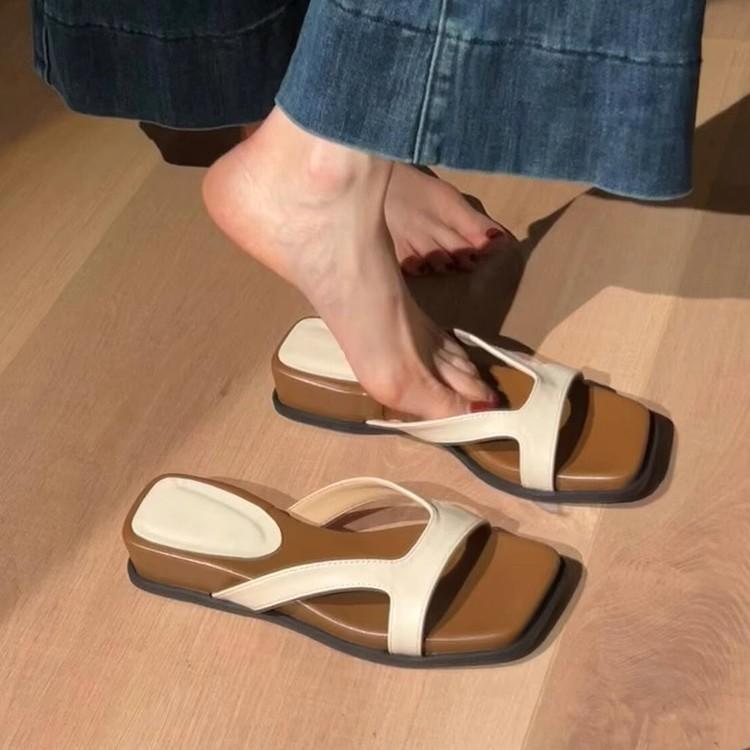 Keep Version~ Korean Version of Simple Outer Wear Thick-soled One-word Slippers Women's Retro Leather Soft-soled Open-toed Simple Cool Slippers