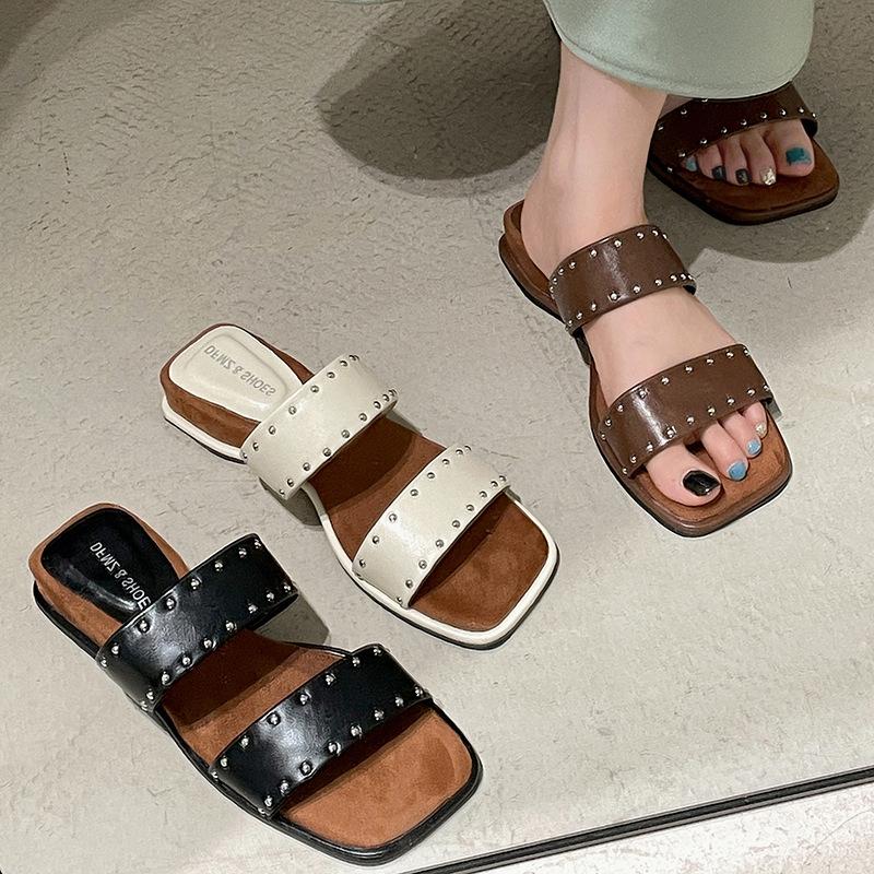 South in the south non-slip one-word flat-bottomed slippers for women's summer wear square head cool slippers