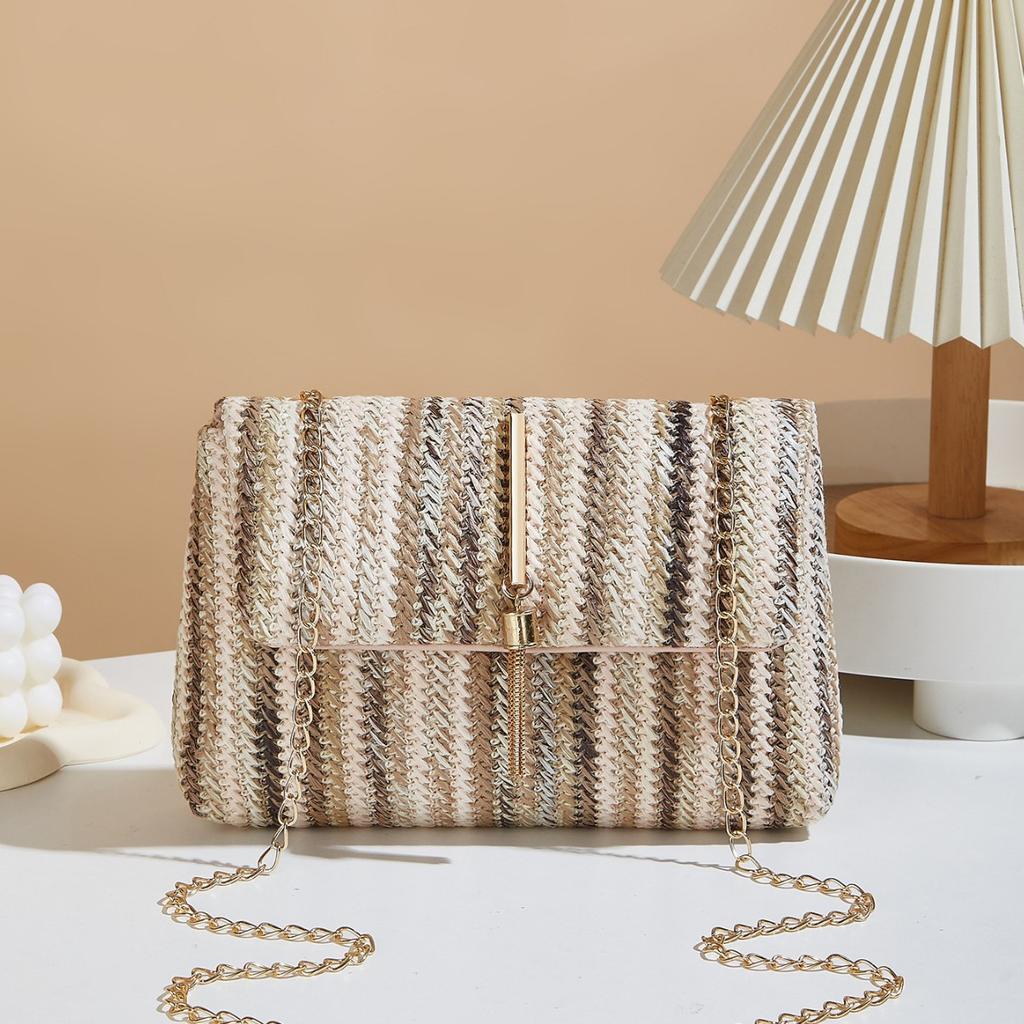 Color Striped Woven Hanging Bell Decoration Small Square Bag Women's New Chain Single Shoulder Crossbody Armpit