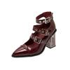 Spring New Coarse Heel Shoes Women Pointed Head Shallow Mouth Rivets Metal Buckle Line Belt High Heels