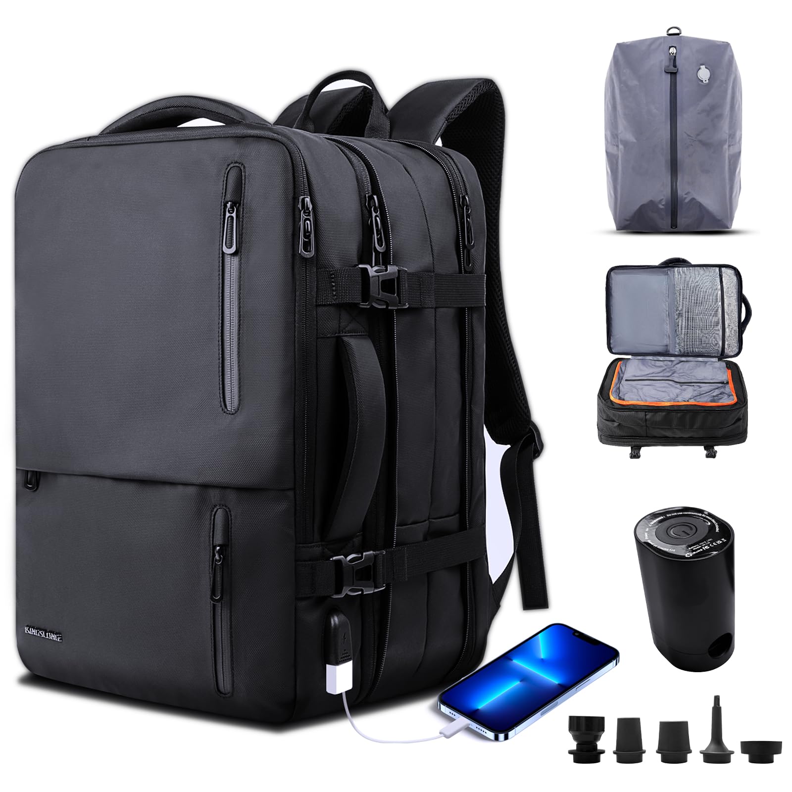 

KINGSLONG Бизнес-рюкзак, Расширяемый объем 25-55 л, Включает вакуумный компрессионный мешок и вакуумный насос, Многослойное хранение, Множество карманов,