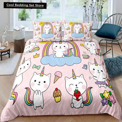 Einhorn Katze Königin König Bettbezug Rosa Kawaii Cartoon Kätzchen Bettwäsche Set für Kinder Mädchen Magisches Tier 2/3-teilig Weicher Steppdeckenbezug