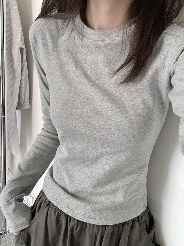 Women's Slim Fit Long Sleeve Plain Cotton T-Shirt - Round Neck, Versatile, Ideal for Spring and Autumn