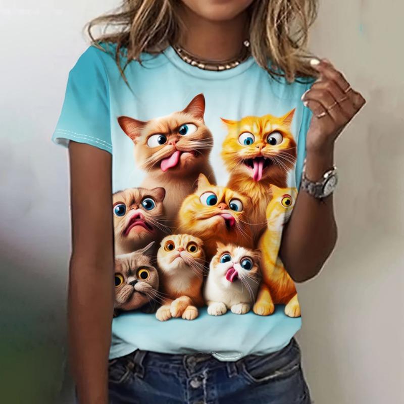 

2025 Женские футболки с рисунком из мультфильма «Аниме-кошка», повседневная футболка с коротким рукавом и принтом Санта-Клауса, 3D, модная футболка с круглым вырезом, женская одежда XL