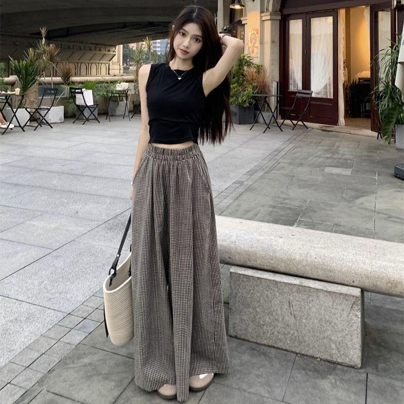 Retro Plaid High-Waisted Pants & Skirt Set – Women's Versatile Summer Two-Piece, Loose & Slimming Casual Outfit