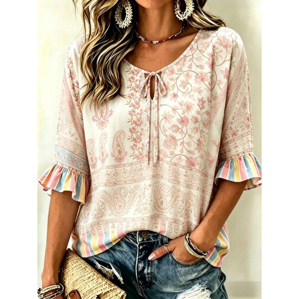 Women's Vintage Paisley Floral Print Tie Front Blouse, Casual Loose Top for Spring Summer Daily Wear