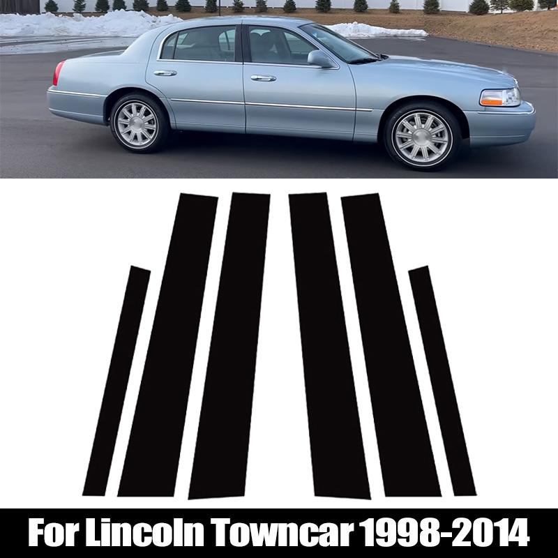 6Pcs Fit For Lincoln Towncar 1998-2014 Glossy Black PC Material Mirror Effect Car Door Window Center Middle BC Pillar Post Column Cover Trim