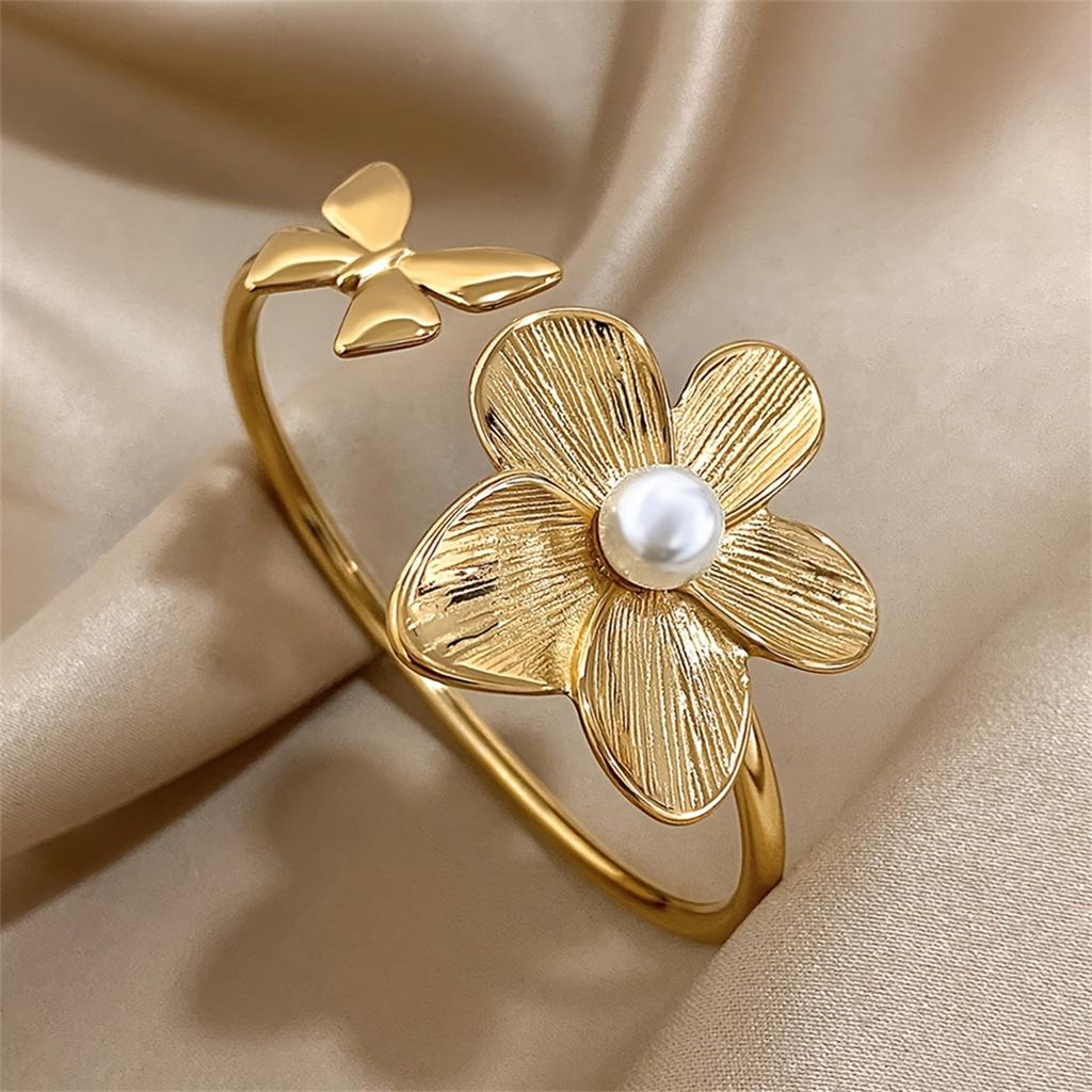 Stainless Steel Asymmetric Flower Butterfly Open Cuff Bangles for Women Gold Plated Metal Floral Bracelets Waterproof Jewelry