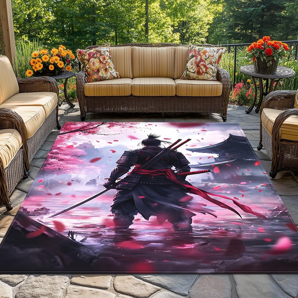 Samurai Warrior Cherry Blossom Anime Rug Gaming Room Decor Crystal Velvet Carpet Japanese Style Fantasy Art Floor Mat for Office