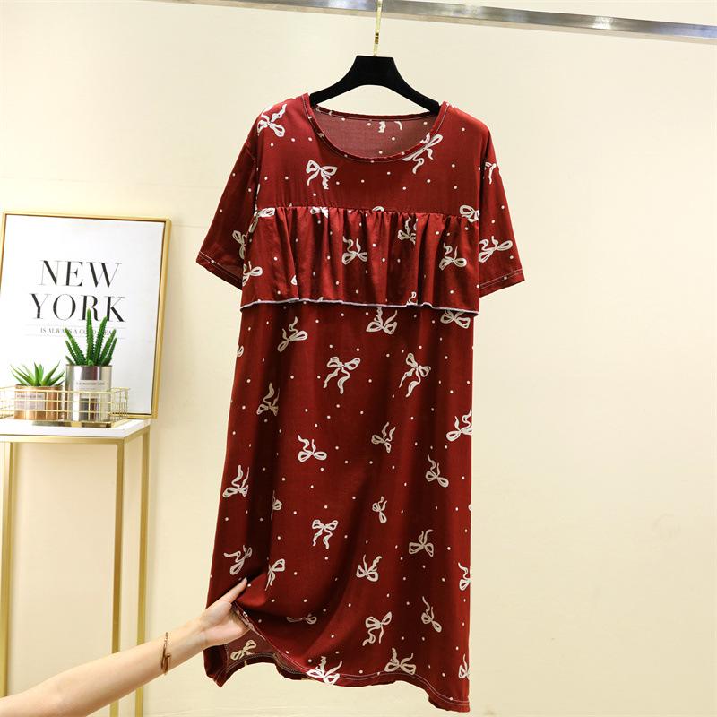 2025 Summer Floral Cotton and Silk Midi Dress - Short Sleeve, Loose Fit Nightgown