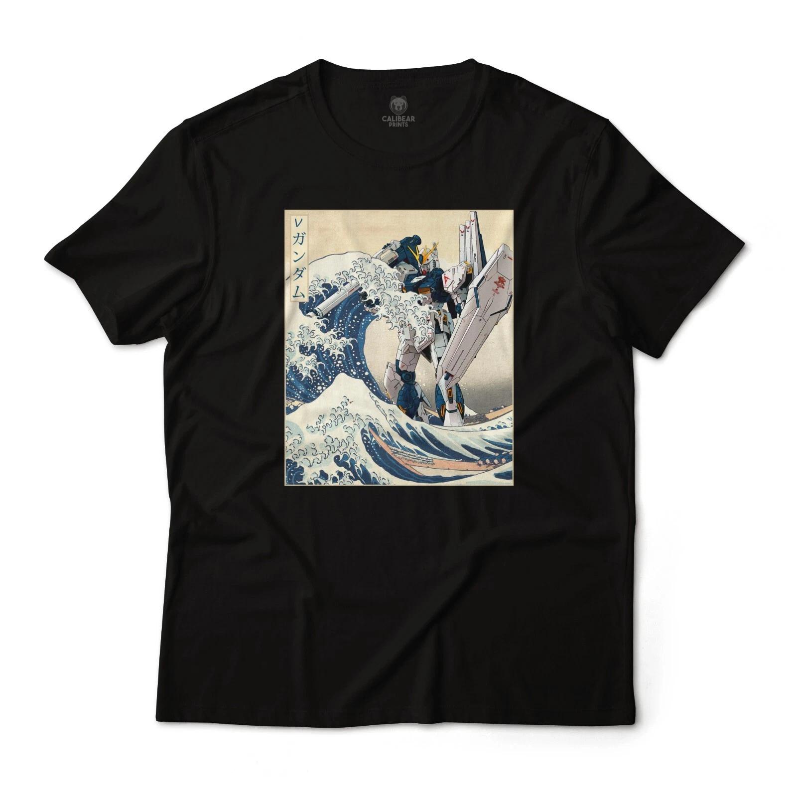 Gundam RX-93v Nu in the Great Wave Off Kanagawa Anime Graphic Art Novelty Tee S