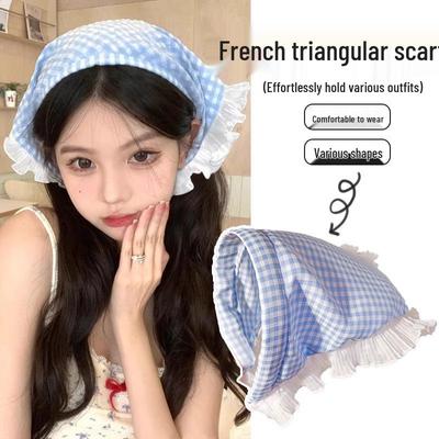 French Country Checkered Lace Triangle Scarf Headband - Beachy Vibe Hair Accessory for Women