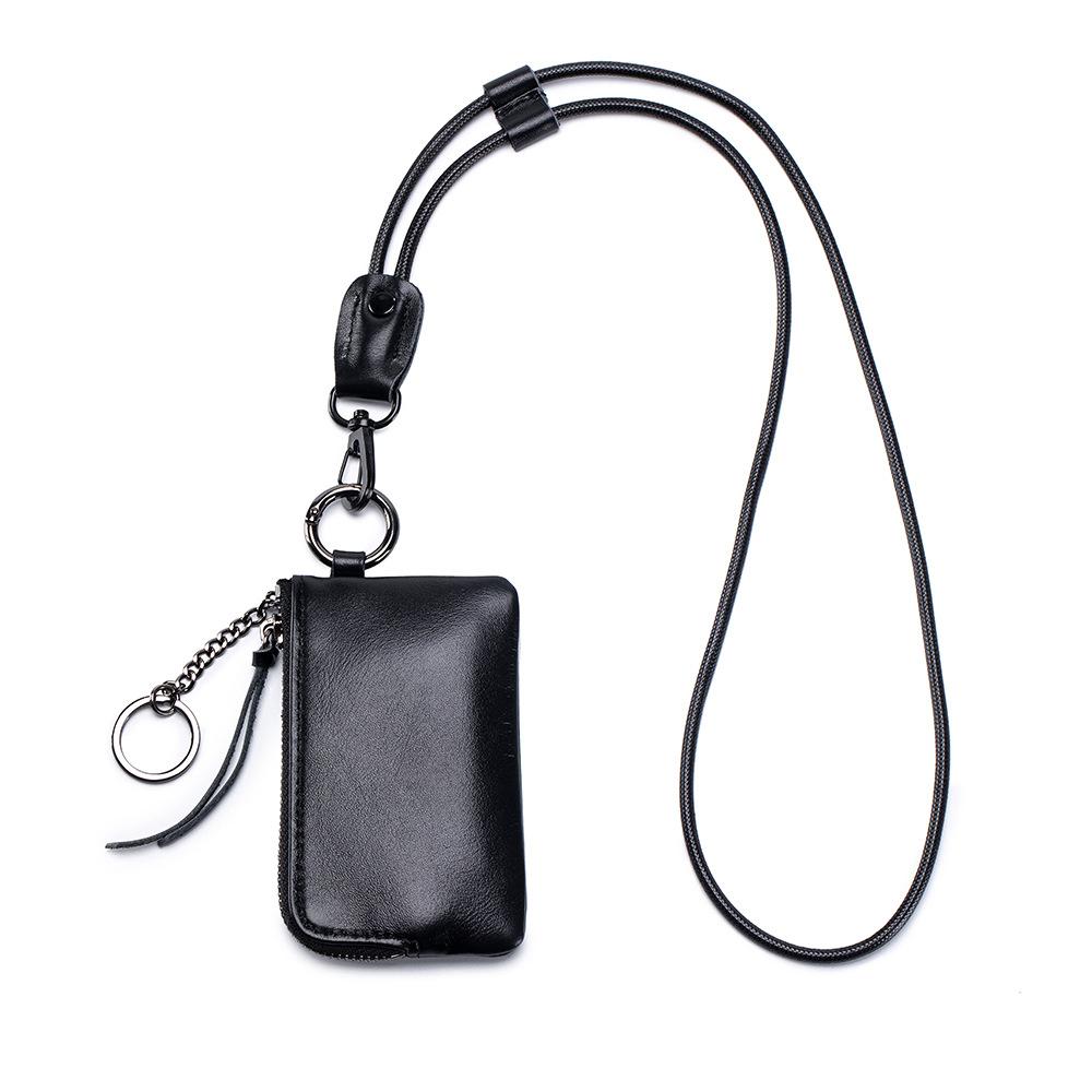 2025 first-layer cowhide neck change bag, small storage change card bag with key ring, soft leather mini change bag.