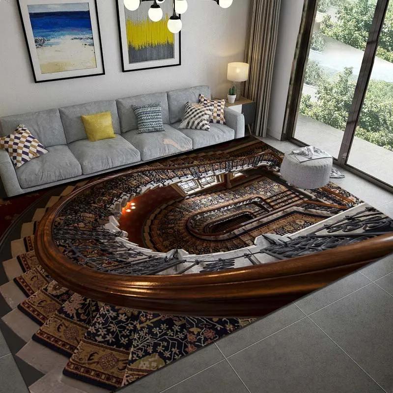 3D rotierende Treppenillusion Teppich für Wohnzimmer Bereichsteppich Schlafzimmer Heimdekoration Nachttisch Rutschfeste Fußmatte Waschbar