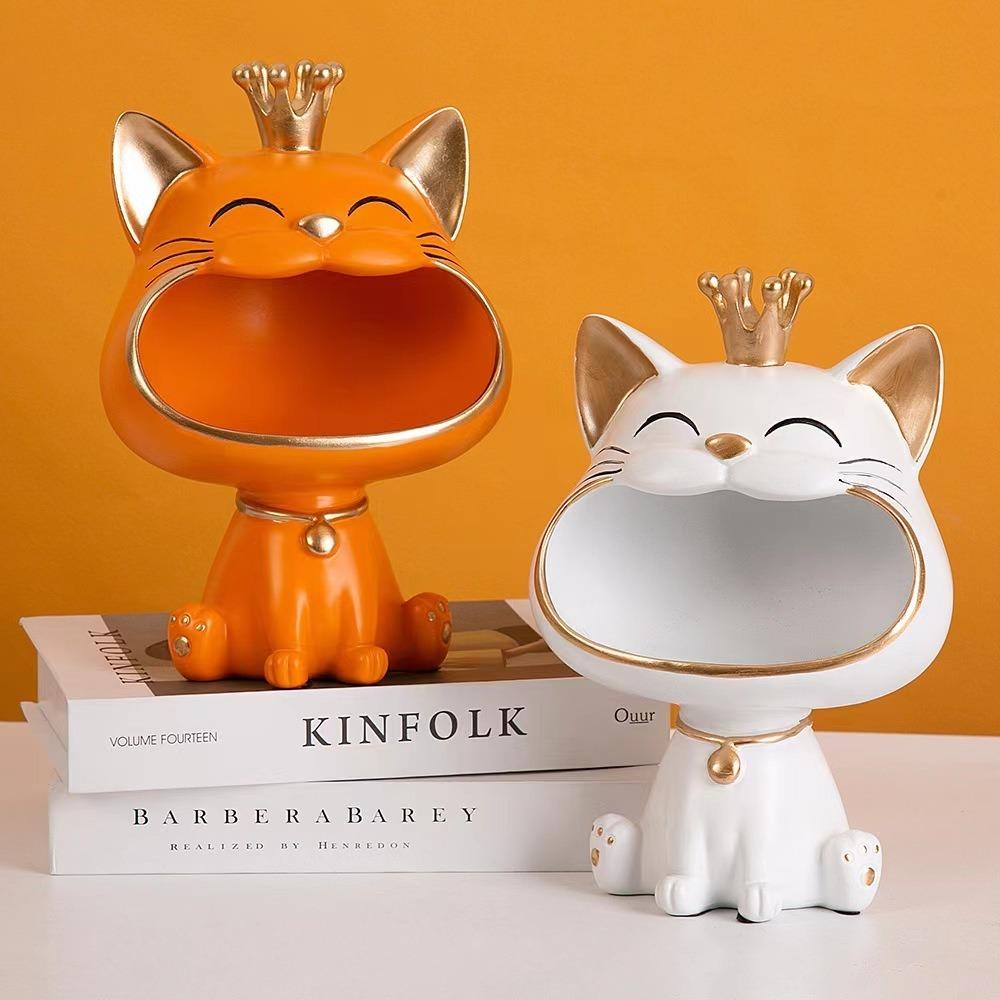 For Resin Crown Cat Bigmouth Cat Storage Desktop Decoration Ornament Entryway Key Snack Storage Handicrafts Animal Model Collect